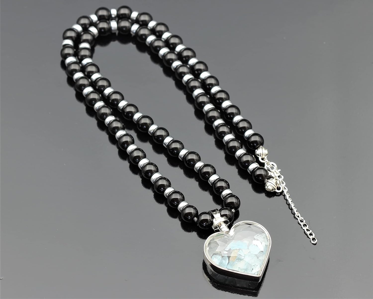 ElisaJewelryArt - Women's Natural Heart Aquamarine Pendant Necklace Black Onyx Beaded Necklace Genuine Gemstone Relaxation Stone Clasp Closure Hematite Necklace Unisex Necklace - Image 4