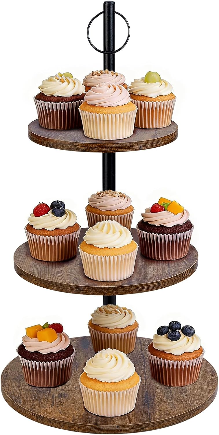 3 Tier Cupcake Stand, Farmhouse Rustic Wood 3 Tiered Serving Tray Cupcake Tower, Large Acacia Dessert Tray Decorative, Tiered Display Stand for Home Tea Party, Wedding, Farmhouse, Kitchen Decor