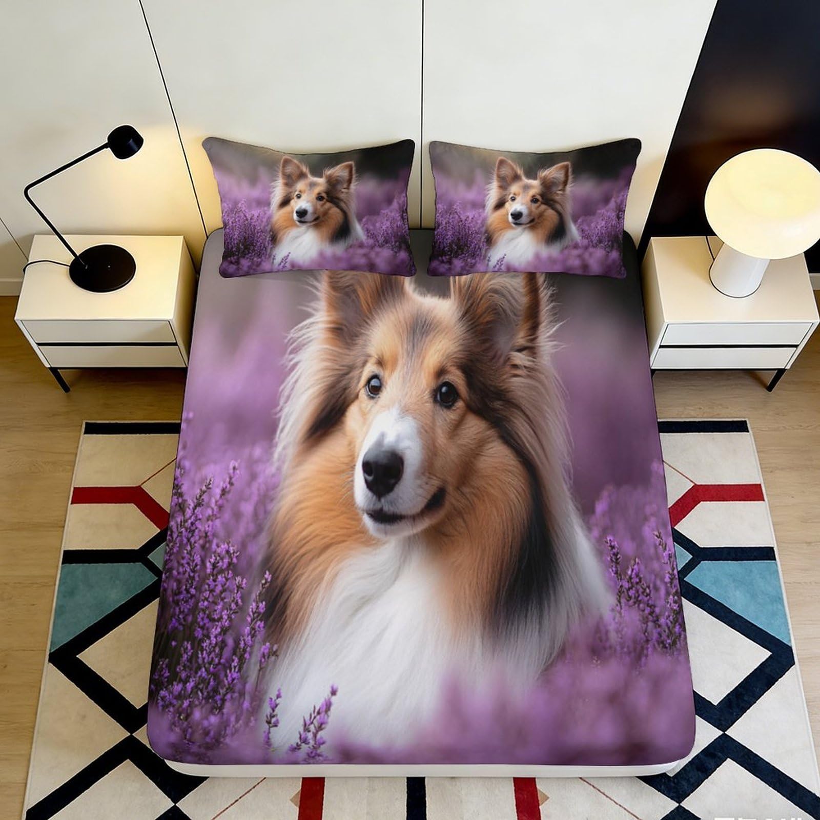 3D Printed Sheltie Dog Purple Floral Fitted Sheet Microfiber Soft Breathable Lavender Field Bed Cover for Bedroom Dormitory Guest Room Protection 160x200x25cm