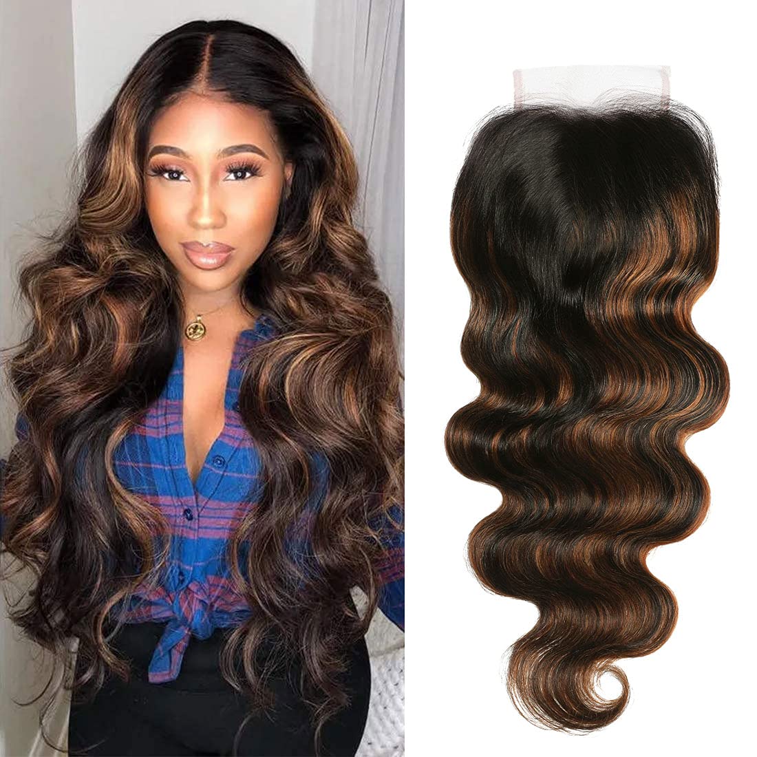 Nadula 12A Brazilian Brown Highlight Body Wave Human Hair 4x4 Free Part Lace Closure, 100% Remy Hair Ombre Higlight Closure with Dark Roots FB30 Color 150% Density (18inch)