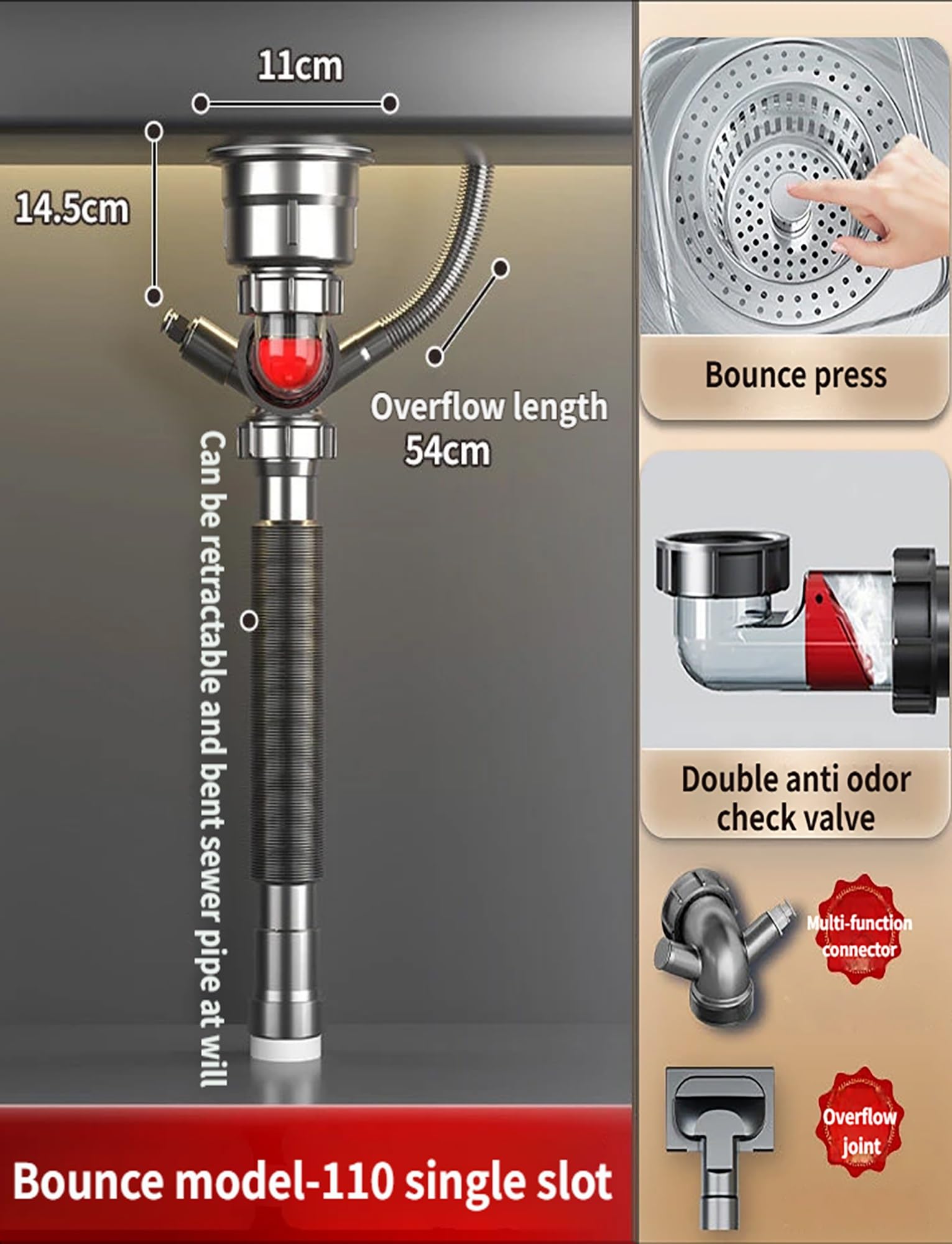 Kit di scarico per lavello da cucina con tubo di scarico regolabile, tappo pop-up, prevenzione troppopieno, sgancio rapido a pulsante, installazione flessibile, design a fessura singola