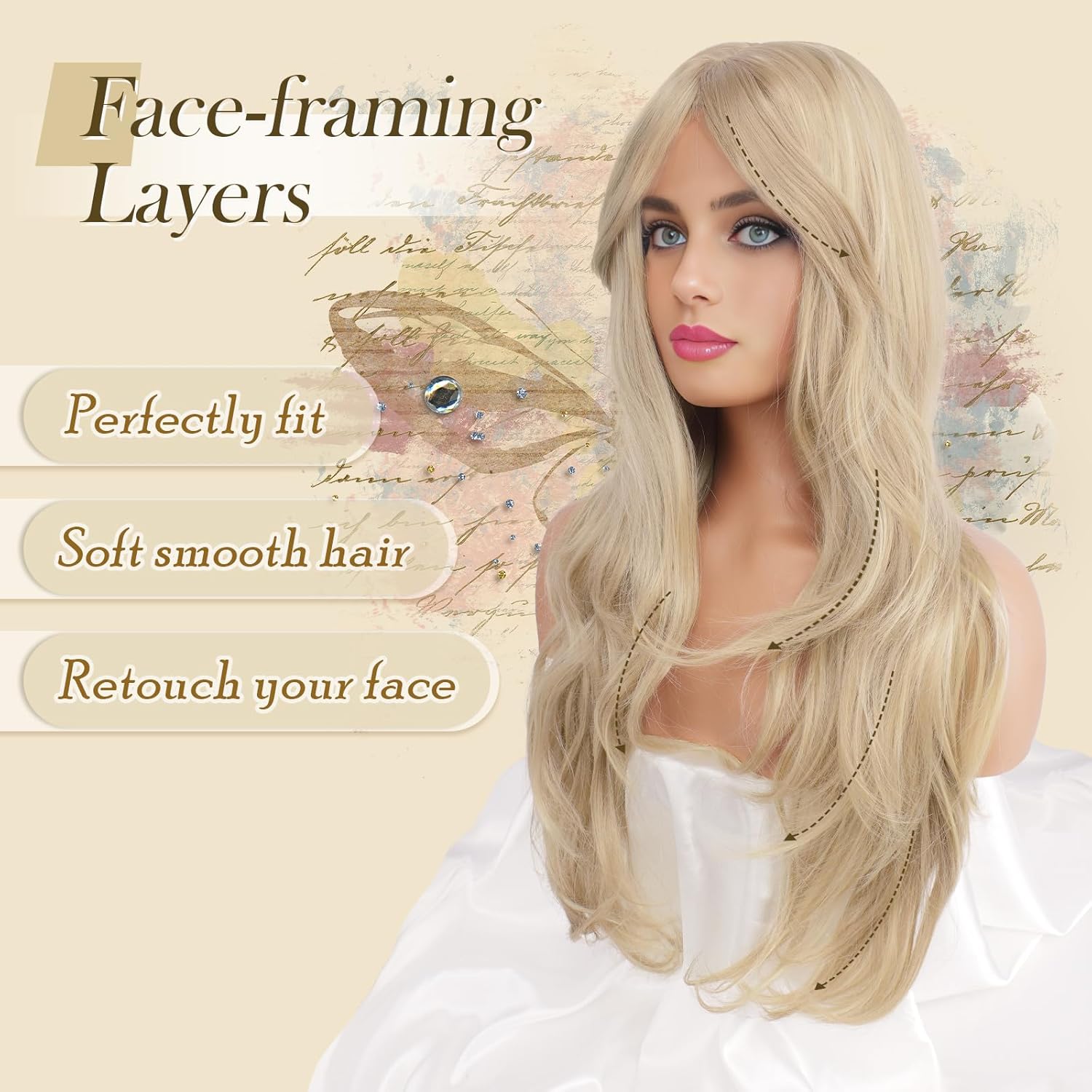 FESHFEN Blonde Wigs for Women, Long Layered Wigs with Curtain Bangs Natural Looking Synthetic Heat Resistant Hair Wig for Daily Use Party, 26 inch Dirty Blonde - Image 3