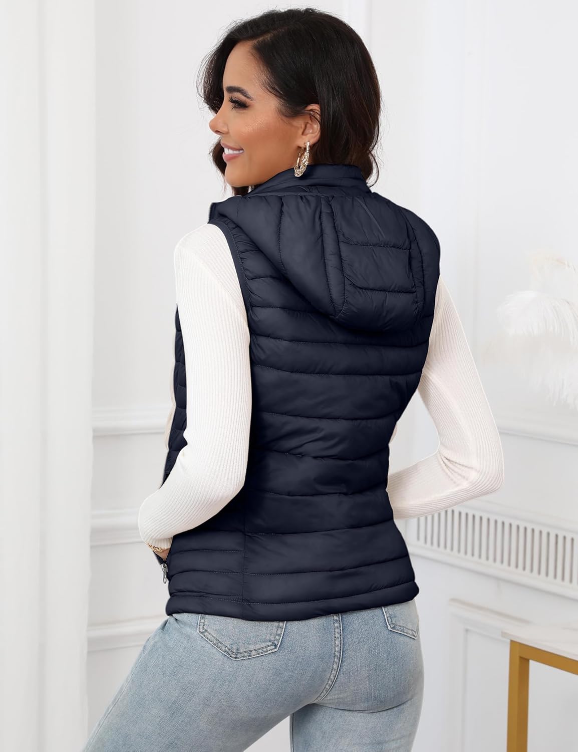 SLOW DOWN Womens Lightweight Puffer Vest, Womens Winter Packable Vest, Womens Puffy Vest with Removable Hood and Zip Pockets - Image 3