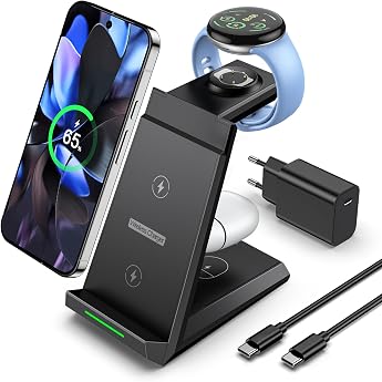 NANAMI Inductive Charging Station for Google Pixel Watch 3/2/Fitbit Versa 4/3 3-in-1 Wireless Charger for Google Pixel 10/10 Pro/9/9a/8/7 Induction Charger for Pixel Buds Pro 2 Not for Pixel Watch 4/1