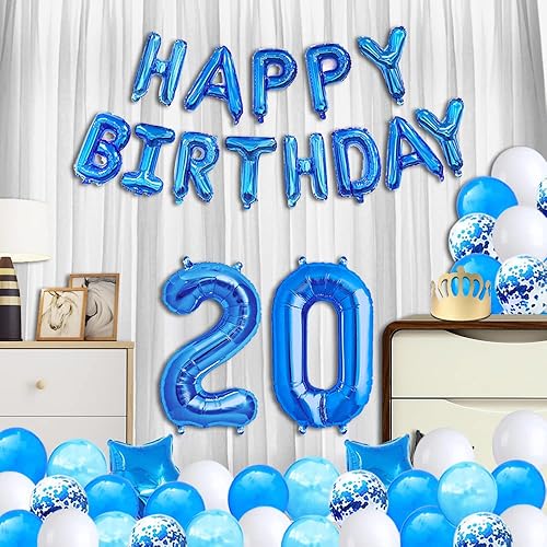 Miniatura 3 de Minhero Lee Decoración azul de cumpleaños número 20, globos azules de feliz cumpleaños, banda, decoración de pastel, globos de látex de confeti para