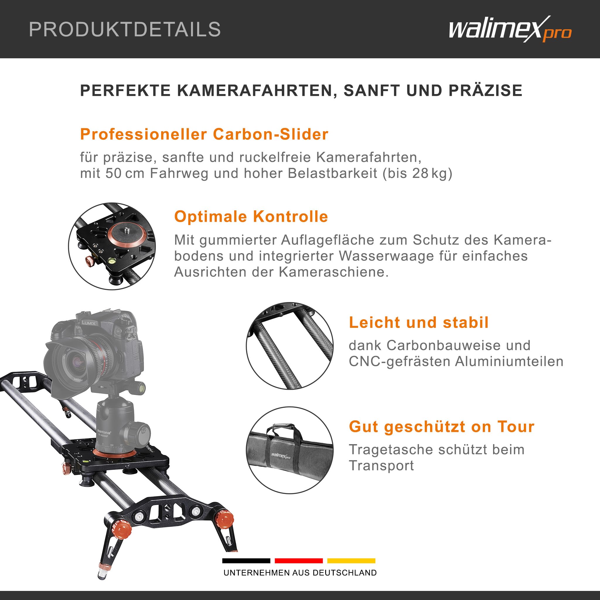 Walimex pro Slider camera Carbon Video nero Binario scorrevole 50 cm per videocamera con borsa di trasporto e livella a bolla