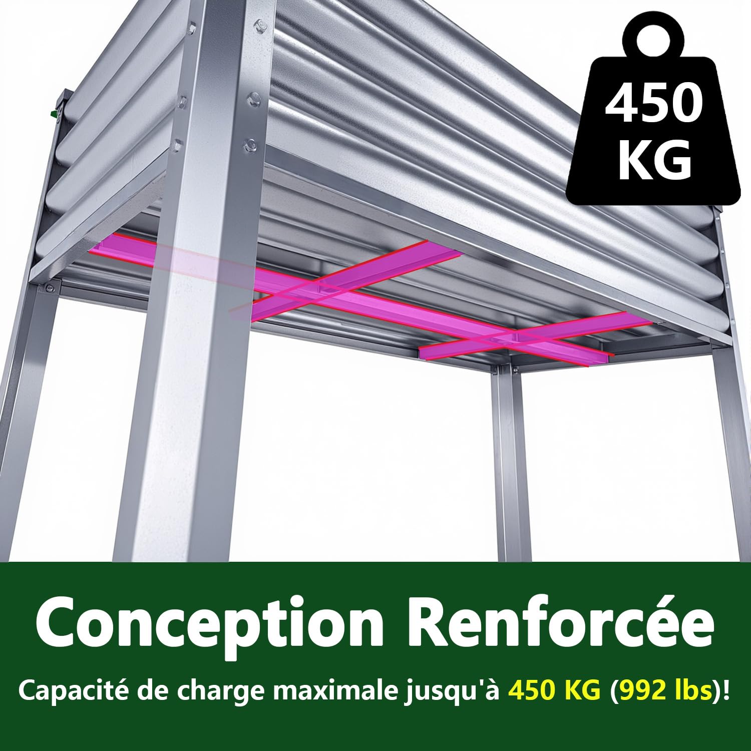 Potager à Hauts Pieds (4 * 2 * 2.6 FT/120 * 60 * 80 CM) (Métal avec Plaque de Fond)
