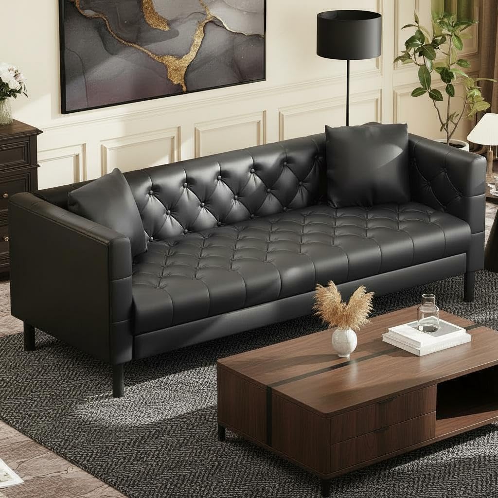 GarveeHome 81 in Leather Couch for Living Room, Modern Leather Sofa with Deep Seat, Handmade Button Tufted 3 Seater Sofa, Chesterfield Couch for Apartment, Office, Black - Thumbnail 4