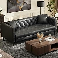 GarveeHome 81" Black Chesterfield Leather Sofa, 3-Seater Deep Seat Button Tufted Couch for Living Room, Apartment, Office