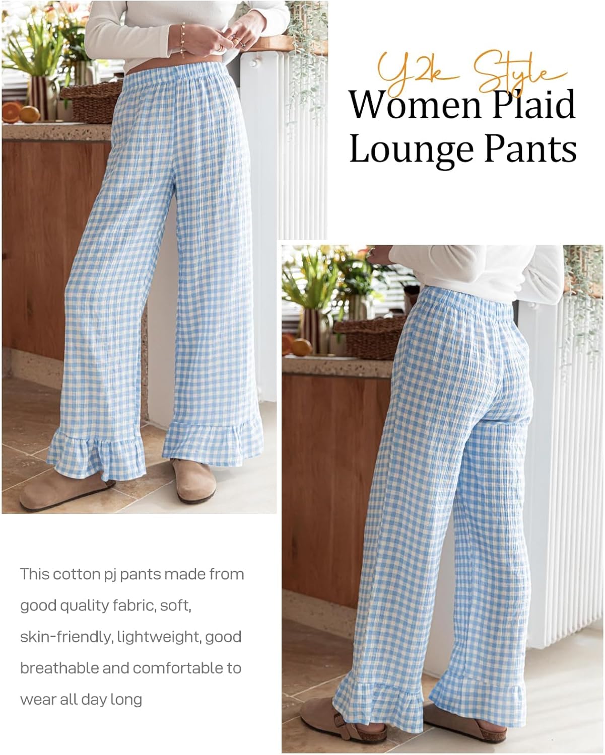 Flygo Women's Gingham Pants Y2K Cotton Wide Leg Ruffle Hem Lounge Pants Plaid Elastic Wasited Trouser with Pockets - Image 3