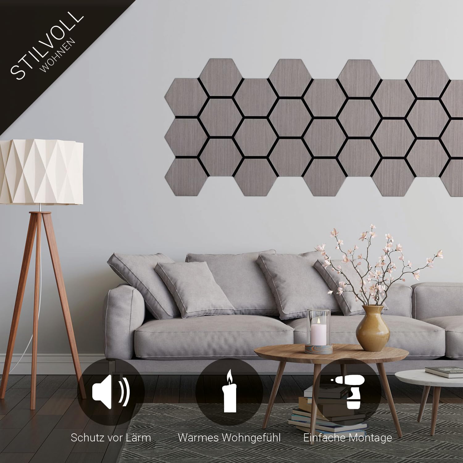 Homestyle4u 4er Set Akustikpaneele Hexagon 76x62 cm Schallschutz Grau | Deko Akustikplatten aus Filz für Wand & Decke, 3D Schalldämmung zur Raumakustik-Optimierung, zuschneidbare Wandpaneele