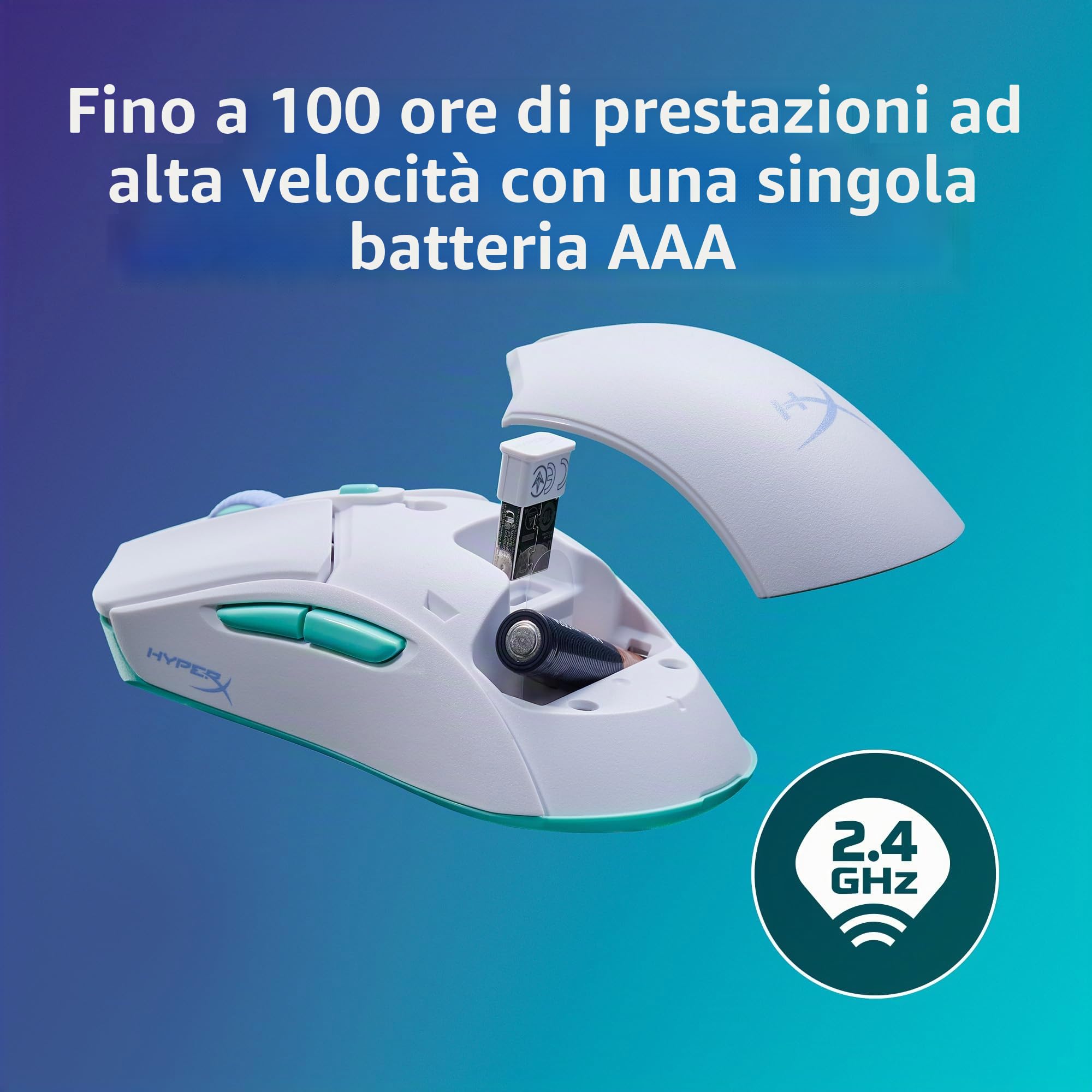 HyperX Pulsefire Haste 2 Core, Mouse Gaming Senza Filo, Connettività 2,4 GHz, Illuminazione RGB, 6 Tasti Programmabili, 12000 DPI, Resistenza fino a 20 Milioni di Clic, Batteria fino a 100 Ore, Bianco