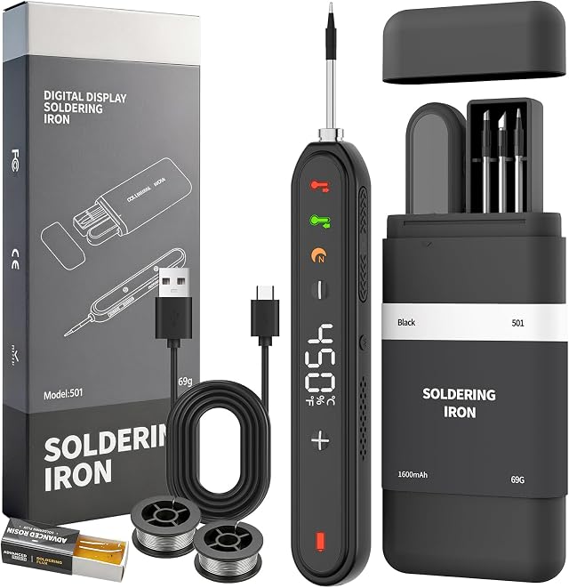 Kabelloses Lötkolben Set, Schnelles Aufheizen USB Ladeanschluss, 1600mAh Einstellbare Temperatur 180 ℃-450 ℃, 3 Lötspitzen, Lötdraht, Lötpaste für Elektronik-Reparaturen Elektronik Arbeiten Schwarz