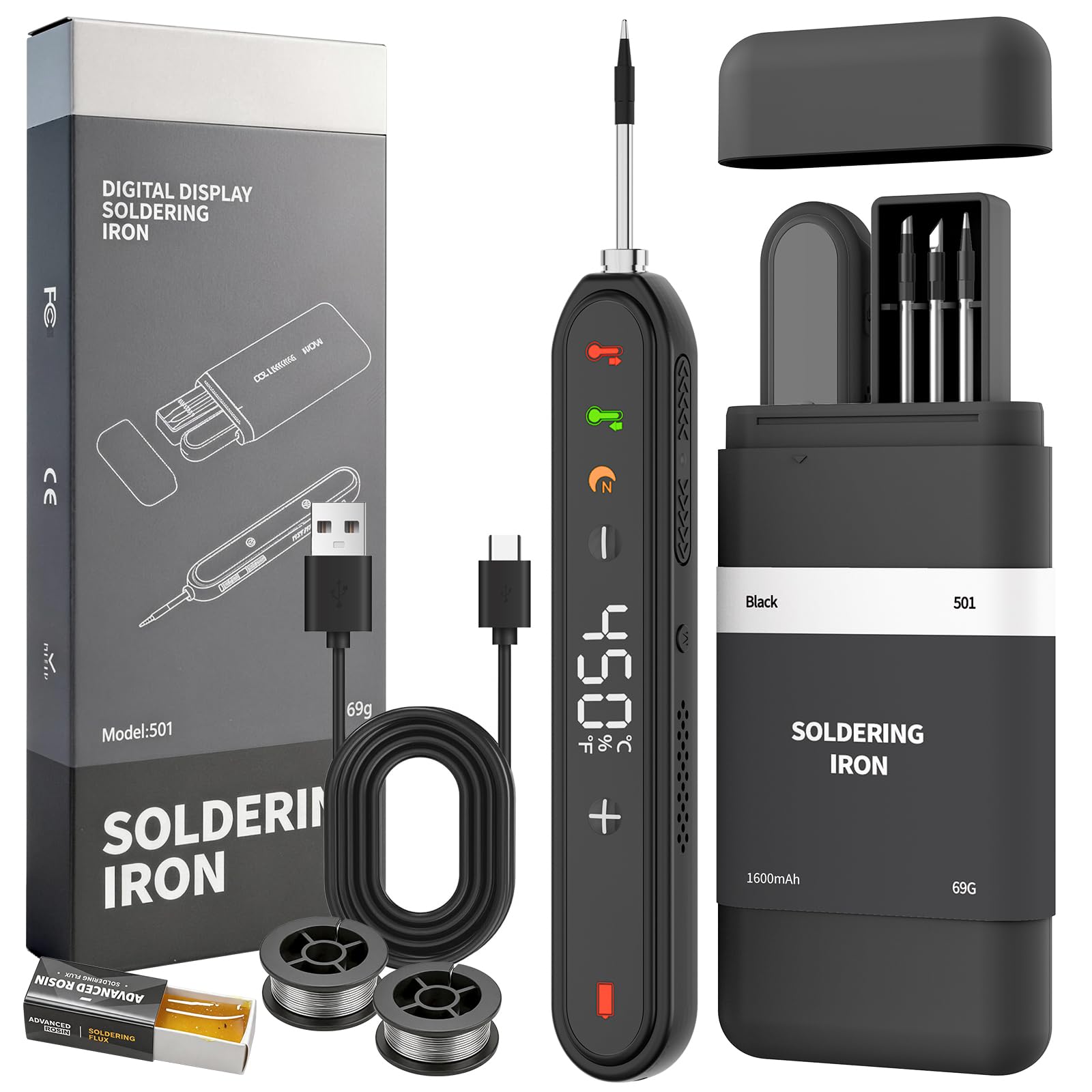 Cordless Soldering Iron Kit with 1600mAh Battery, 8s Fast Heat-Up, Adjustable Temp 180~450°C, Type-C Charging, 3 Tips Solder Wire & Paste, Rechargeable Soldering Pen for Electronics Repair Black