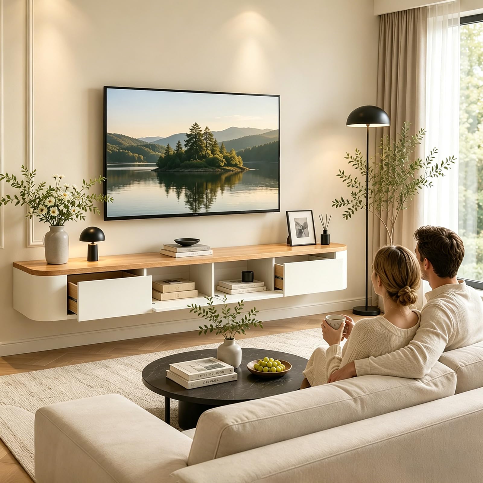 Mobile TV moderno 280 cm Beige e Bianco, Mobile TV basso con 2 cassetti e 2 ante a ribalta, Piano TV sospeso, Gestione dei cavi di alta qualità, Tavolo TV per soggiorno e sala da pranzo
