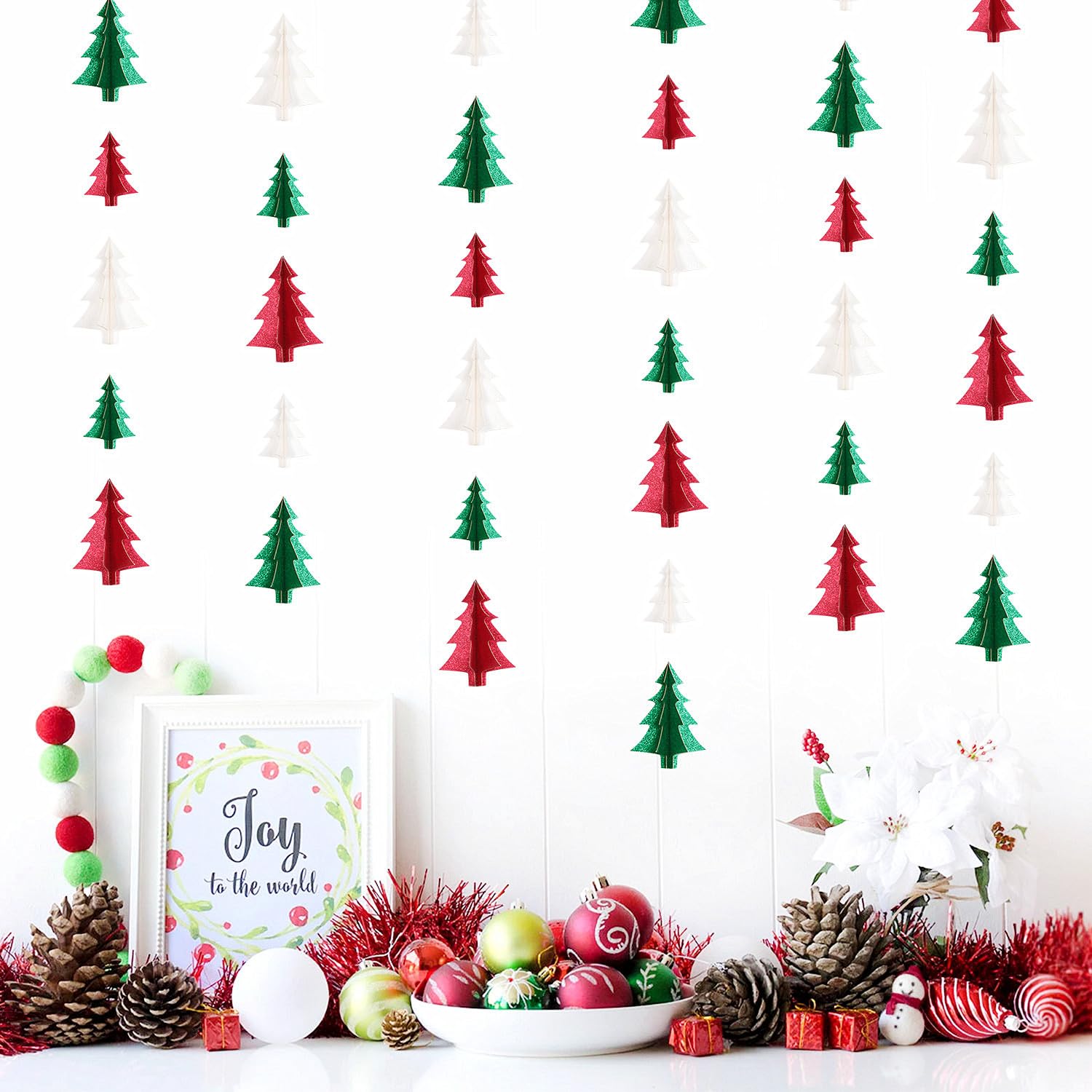 Guirnalda de decoración de árbol de Navidad verde y blanco y rojo, 25 pies, pancarta de serpentinas de papel para colgar, cumpleaños, boda, baby shower, despedida de soltera Ouruola