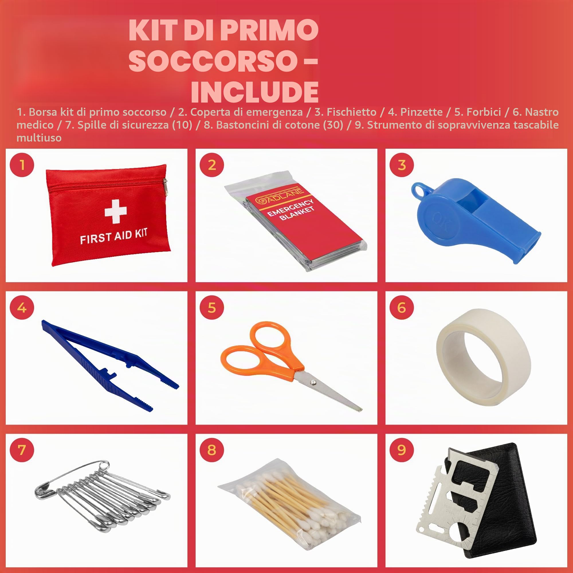GADLANE Kit di emergenza per guasto auto - Kit di emergenza auto grande per la strada con triangolo di avvertimento, cavi di avviamento, fune di traino, kit di pronto soccorso, martello di sicurezza