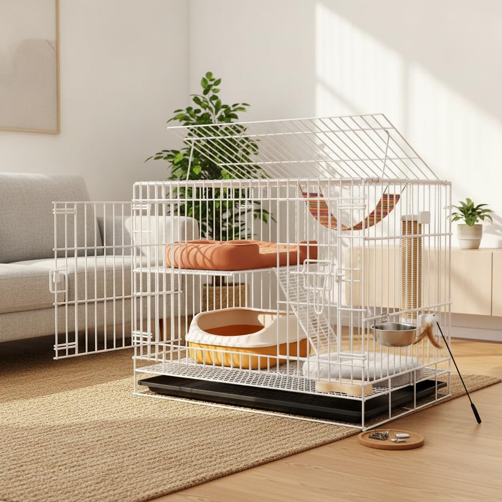 Gabbia Pieghevole per Gatti da Interno, Bianco rinforzato, 78x55x110cm