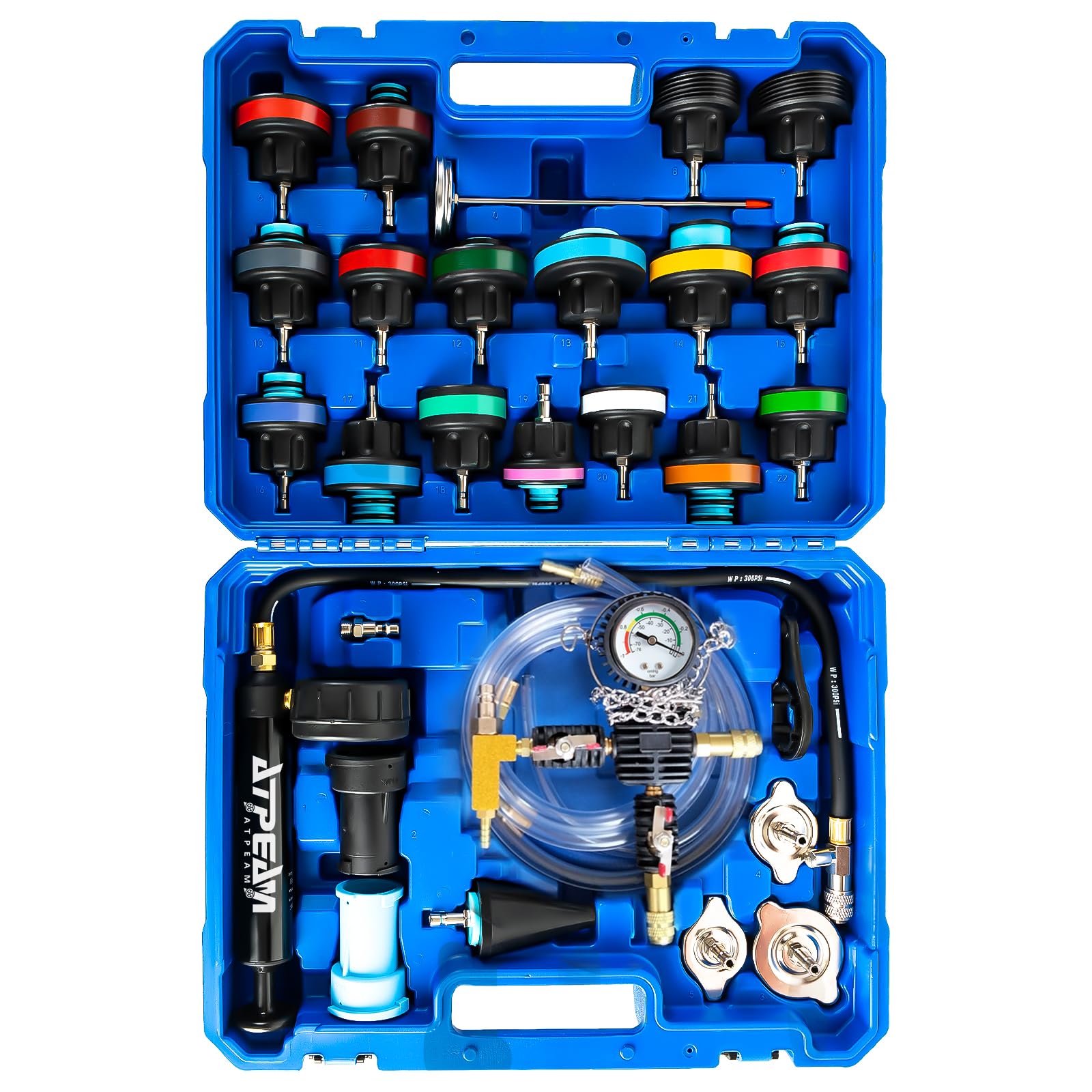 ATPEAM 28tlg Kühlsystem Abdrückgerät Set mit 23 Kühlkörperadaptern, Universales Kühlmittel Vakuum Befüllgerät, Kühlwasser Abdrückgerät für Erkennung von Leckagen im Wassertank des Kühlsystems (28pcs)