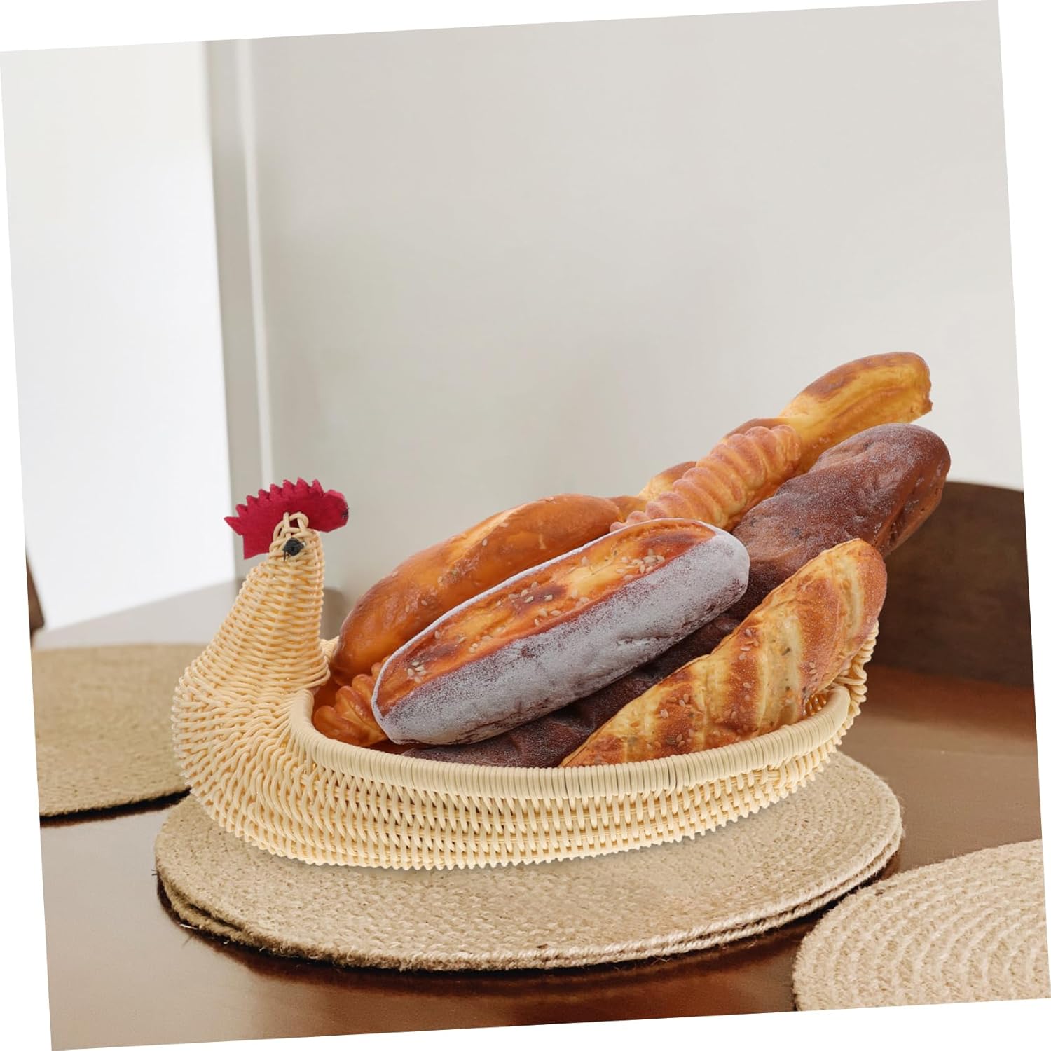 ORFOFE Woven Fruit and Snack Basket for Kitchen Counter Multipurpose Rooster Decor Large Chicken Egg Holder and Bread Storage Fine Craftsmanship Minimalist Design