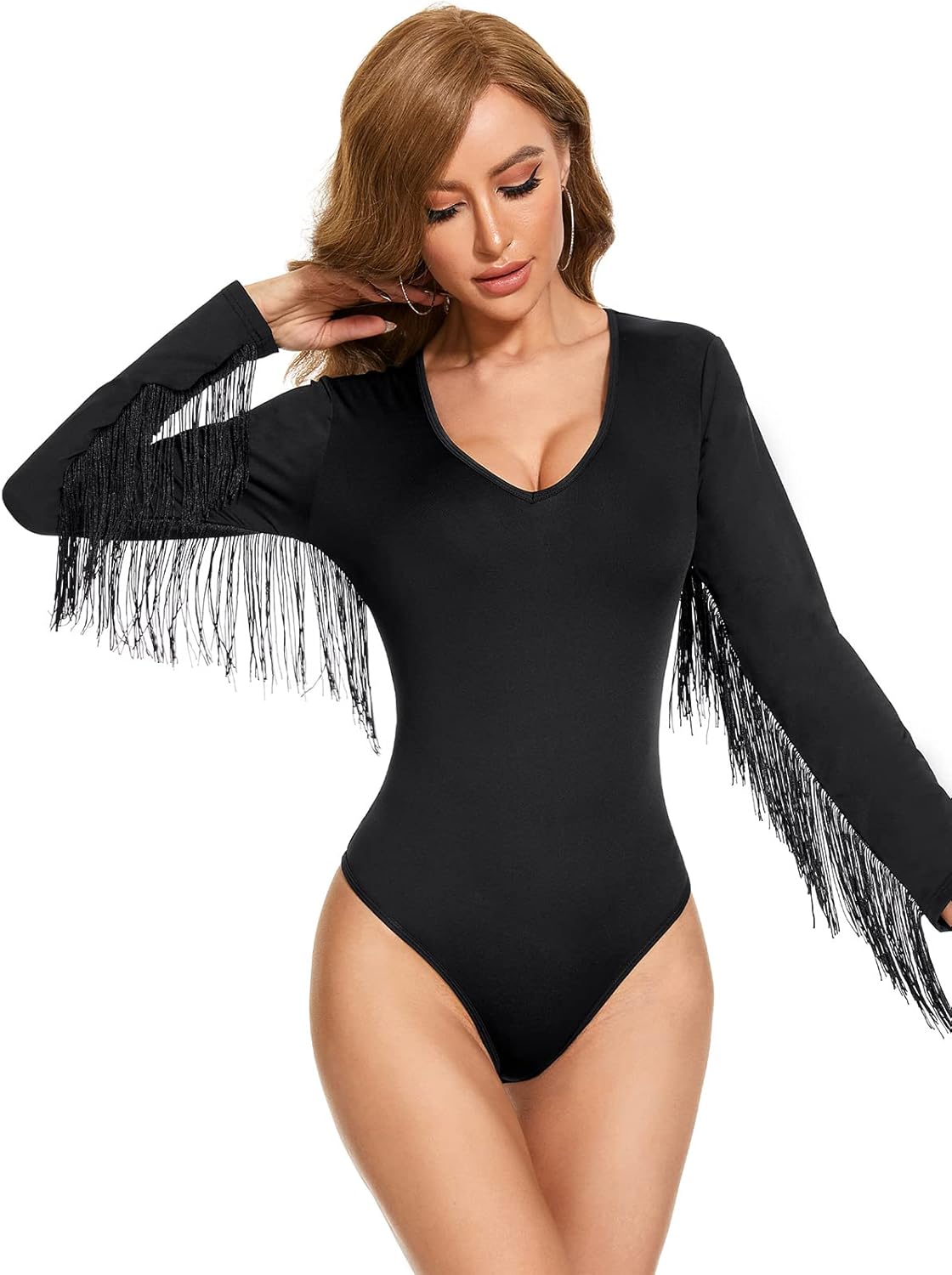 Komorebi Women's Fringe Trim V Neck Long Sleeve Bodysuit Top Cowgirl Outfits Disco Outfit Bodycon Leotard Fitted Stretchy Top - Image 2