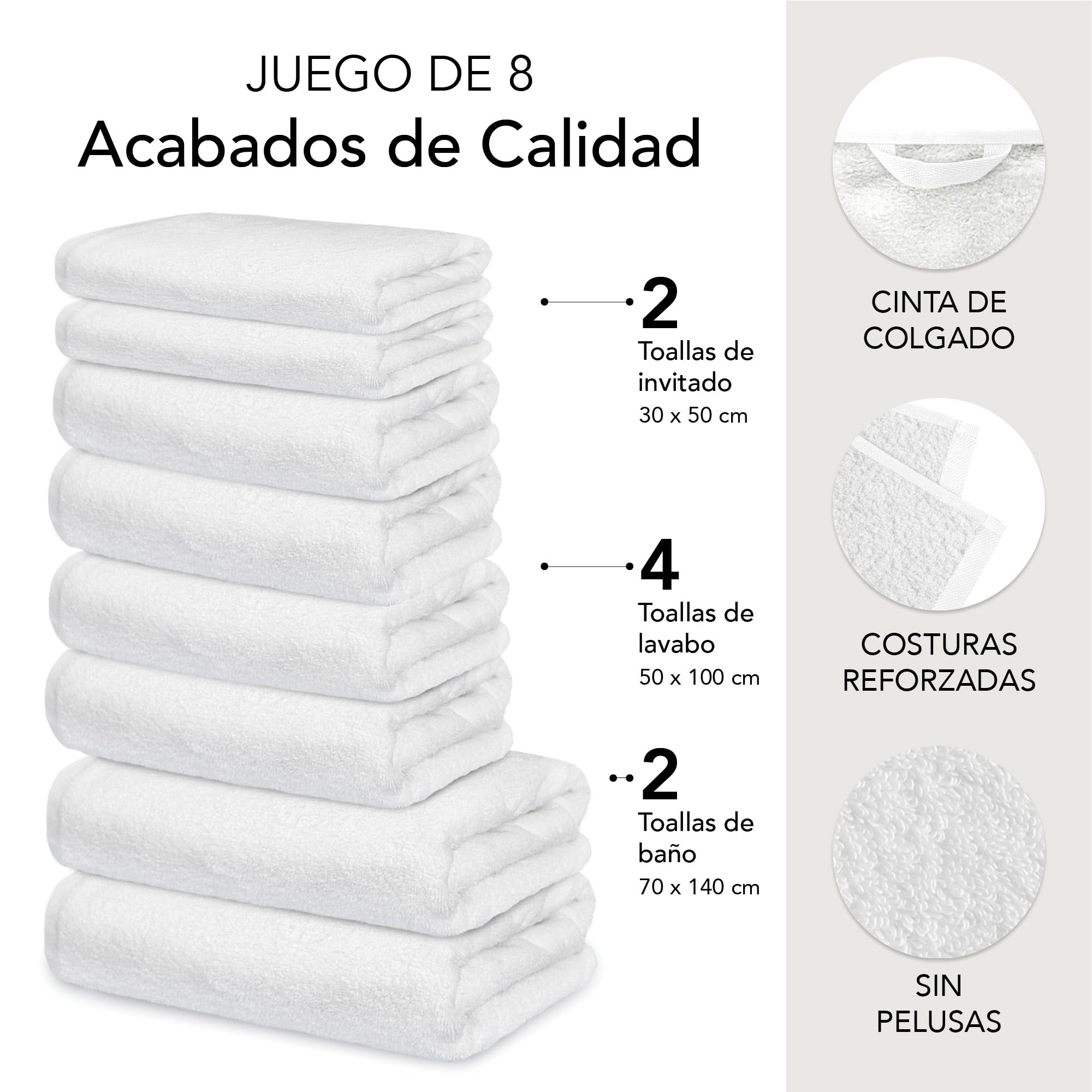 Ôhm Juego de Toallas de Baño 8 Piezas 100% Algodón 500 g/m² – 2 Toallas Ducha 70x140 + 4 Toallas Lavabo 50x100 + 2 Toallas Mano 30x50 – Set Familiar Alta Absorción – Blanco – Oeko-Tex