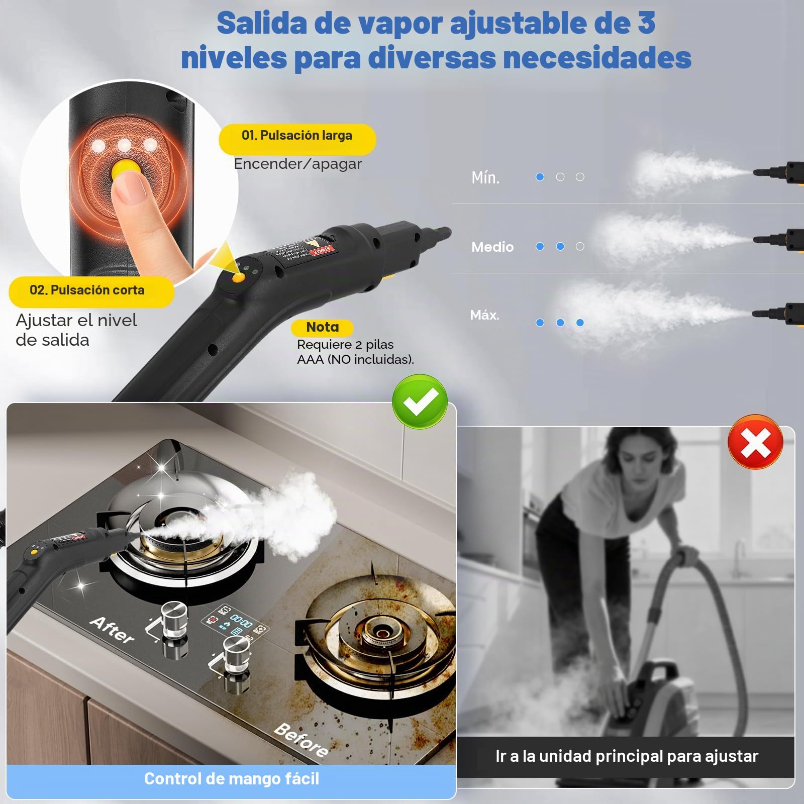 Limpiador de vapor, Molina de vapor de 2500W para limpieza, Dispositivo portátil de limpieza de vapor para el hogar, Limpiador de vapor de coche con controlador(amarillo)