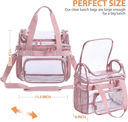 Miniatura 2 de BORMELUN Paquete de 2 bolsas de almuerzo color rosa transparente resistente para trabajo, bolsa grande para conciertos universitarios, deportes