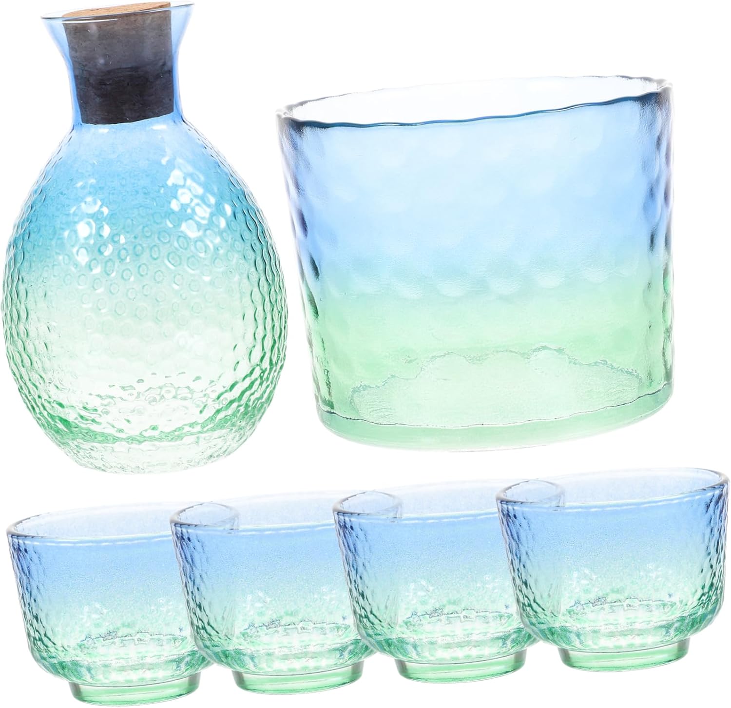 1set Japanese Sake Cup and Bottle Set Decorative Glass Drinkware for Home Restaurant Use Includes One Sake Bottle and Four Lightweight Cups Peacock Blue Box