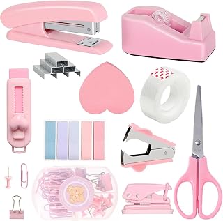 11pcs Office Desk Supplies for Clerks, Women Pink Office Accessories, Office Supplies with Tape Holder, Staple Remover, Scissors, Ruler, Clips Set, Stapler for Home & School, Work Gift for Employees