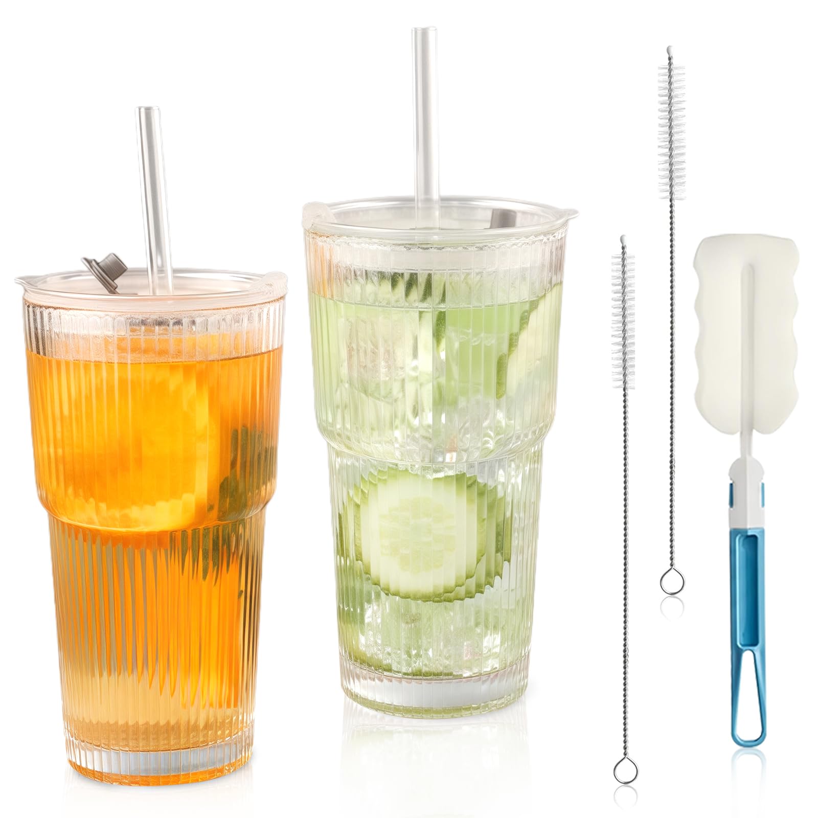 NBBENG 2Pcs Ribbed Tumblers with Lids and Glass Straws Iced Coffee Cup, Reusable Ice Coffee Glass with Brush for Drinks, Water, Cocktail, Whiskey, Soda, Tea, Juice, Smoothie Cup 600ML