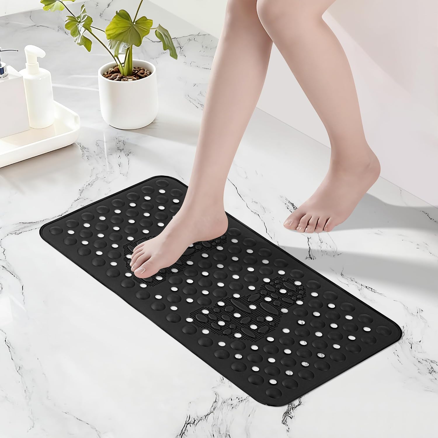 Silicone Bath Tub Shower Mat, Non Slip Upgraded Bathtub Mats, 27.6"x16" Shower Foot Scrubber Mat with Drain Holes and Suction Cups, Machine Washable Floor Liner Mats for Bathroom Essentials (Blue)