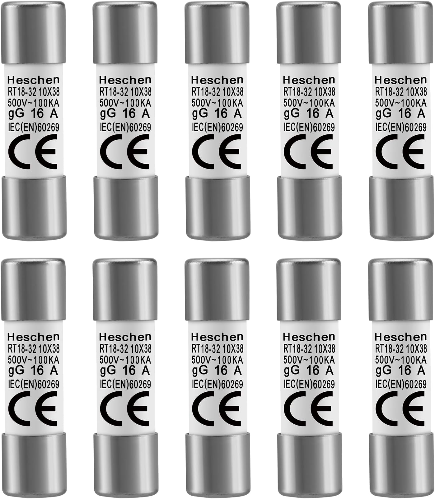 Heschen Cylindrical Ceramic Tube Fuse Link, RT18-32 (RO15), 10 * 38 mm, 16A 500V, CE, Pack of 10