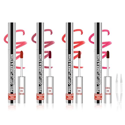 Vevivia 4pcs Lip Stain Peel Off - Lip Liner Stain Long Lasting Waterproof with Tweezer,2-in-1 Lip Liner Matte, Non-Stick Cup,Stay On All Day,Perfect for Gift(Cocoa+Rose+Nude+Mauve) - Set:Nude+Mauve+Cocoa+Rose(00+03+06+07) - 0.11 Fl Oz (Pack of 1)