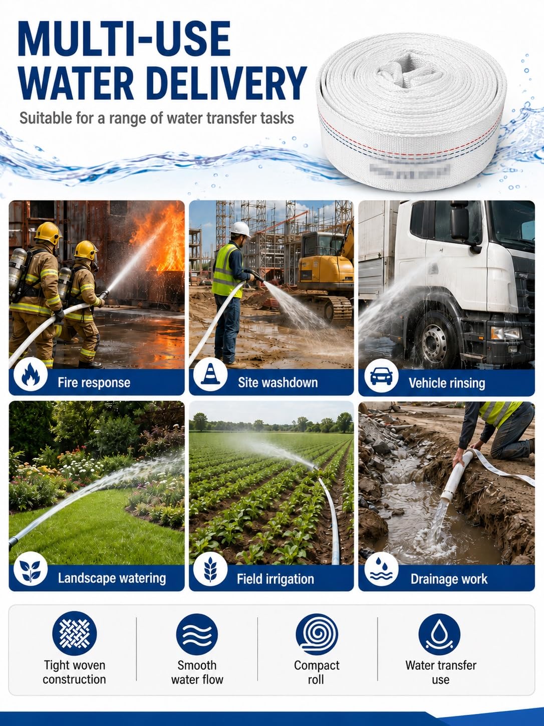 Flachschlauch Druckschlauch für Löschwasser, Feuerwehrschlauch Rolle，Pumpenanschluss, Entwässerung, Baustelle, Landwirtschaft und Bewässerung(13-65-20)