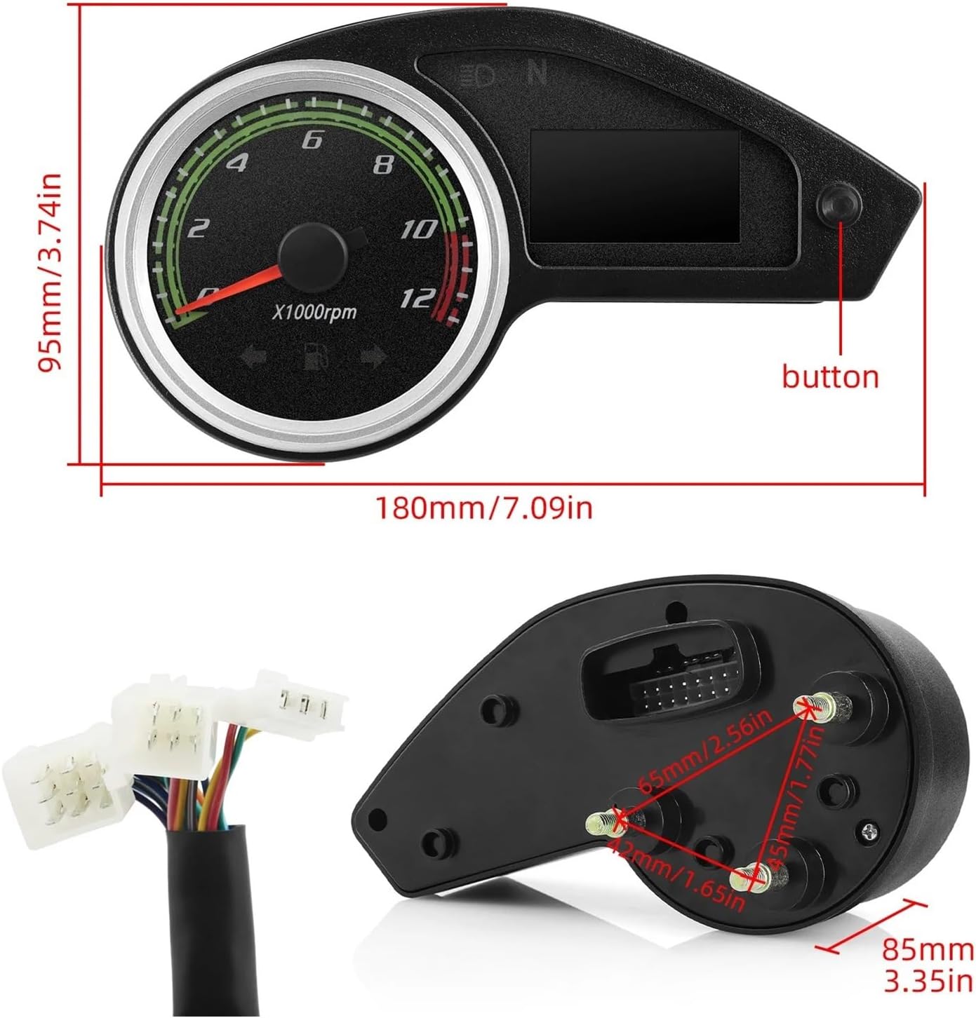 Motorcycle Speedometer Gauge Universal Motorcycle Tachometer Digital Dash with 12000RPM Taachometer Odometer Fuel for Brazil GY200 for All 12V Motorcycle