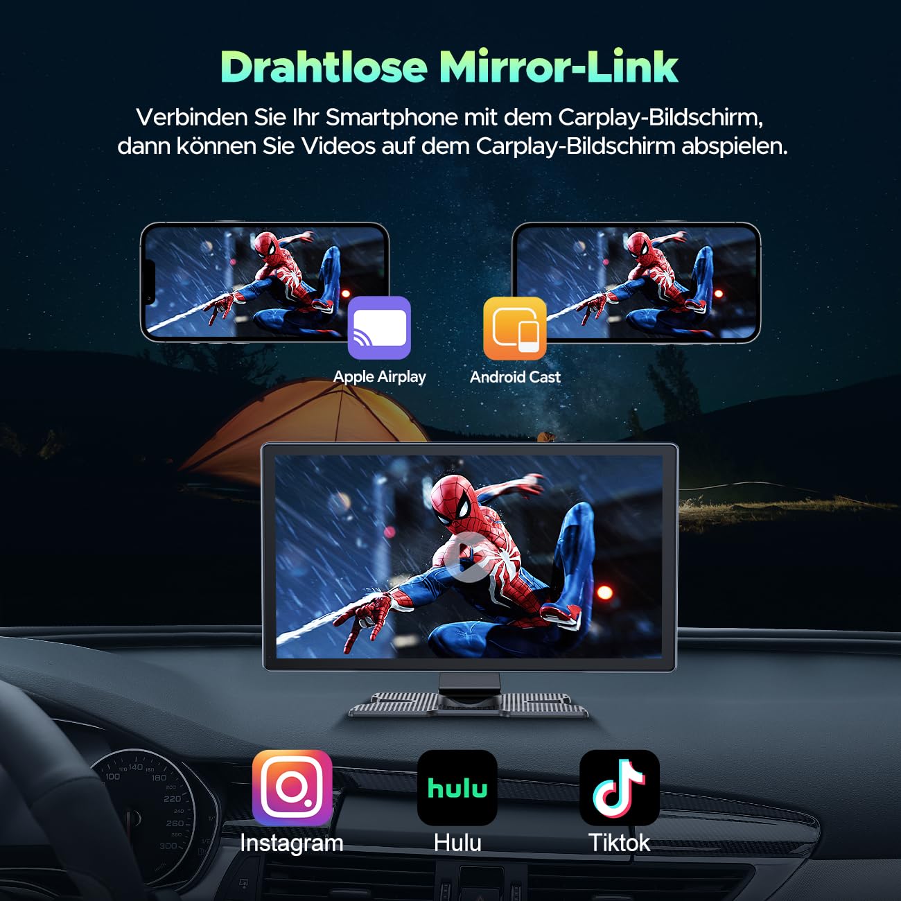 Lamto Przenośne radio samochodowe do Apple CarPlay Android Auto 9-calowe bezprzewodowe radio samochodowe z kamerą rozdzielczą 2,5 K, kamera cofania 1080P, ekran Carplay z Bluetooth/Mirror