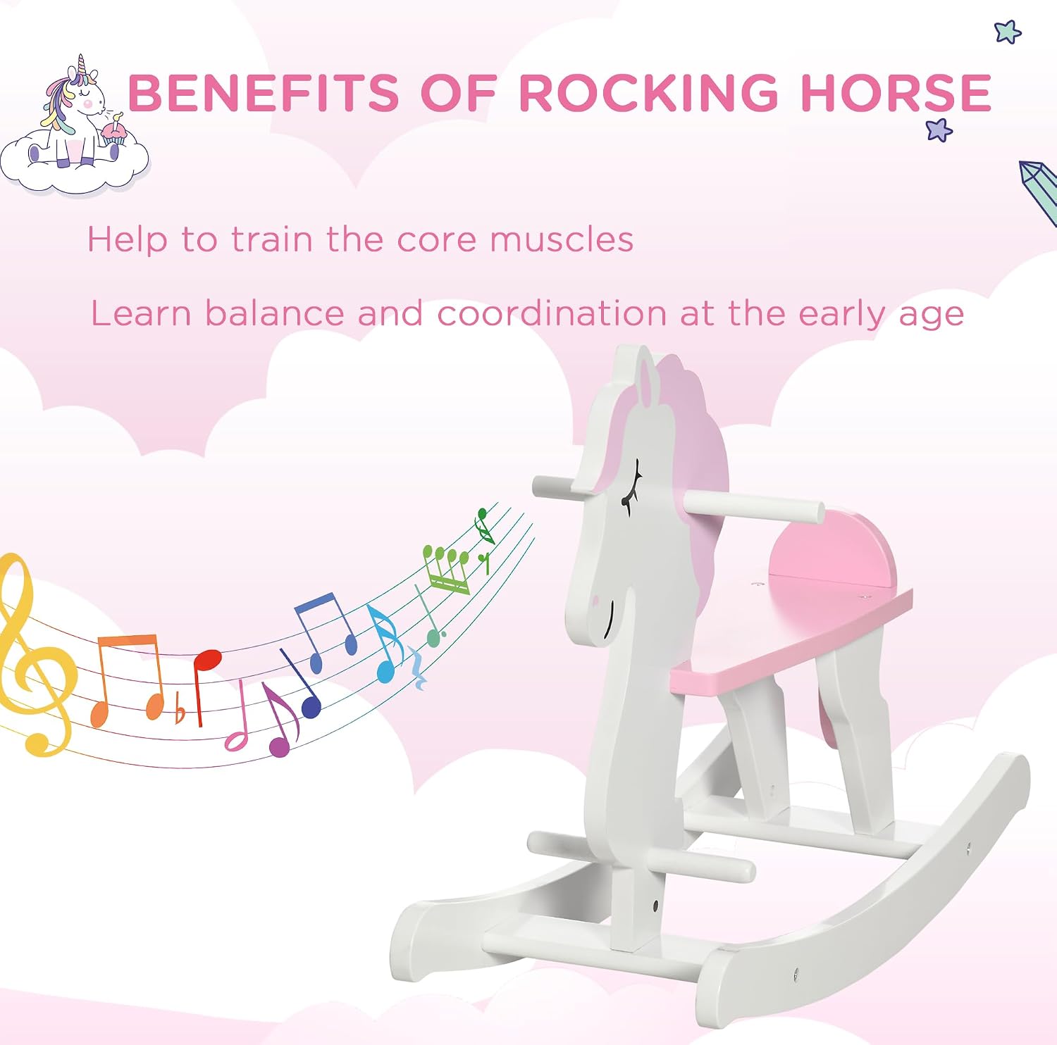 Qaba Wooden Rocking Horse, Baby Rocking Chair, for Toddlers 1-3, Kids Ride on Horse for Boys and Girls, Pink and White