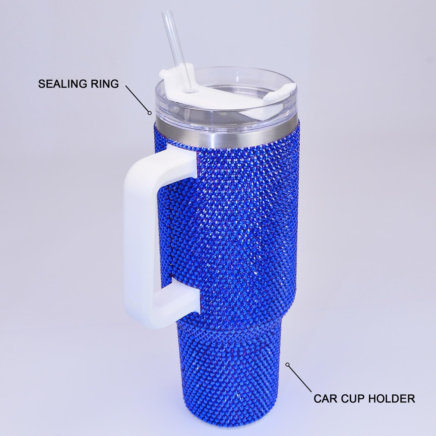 40 oz Sapphire Bling Rhinestone Stainless Steel Sippy Tumbler Glitter Vacuum Insulated Water Bottle with Straw & Lid &Handle,Sparkle Car Cup Holder,Keeps Cold 12 Hours Drinks,Coffee