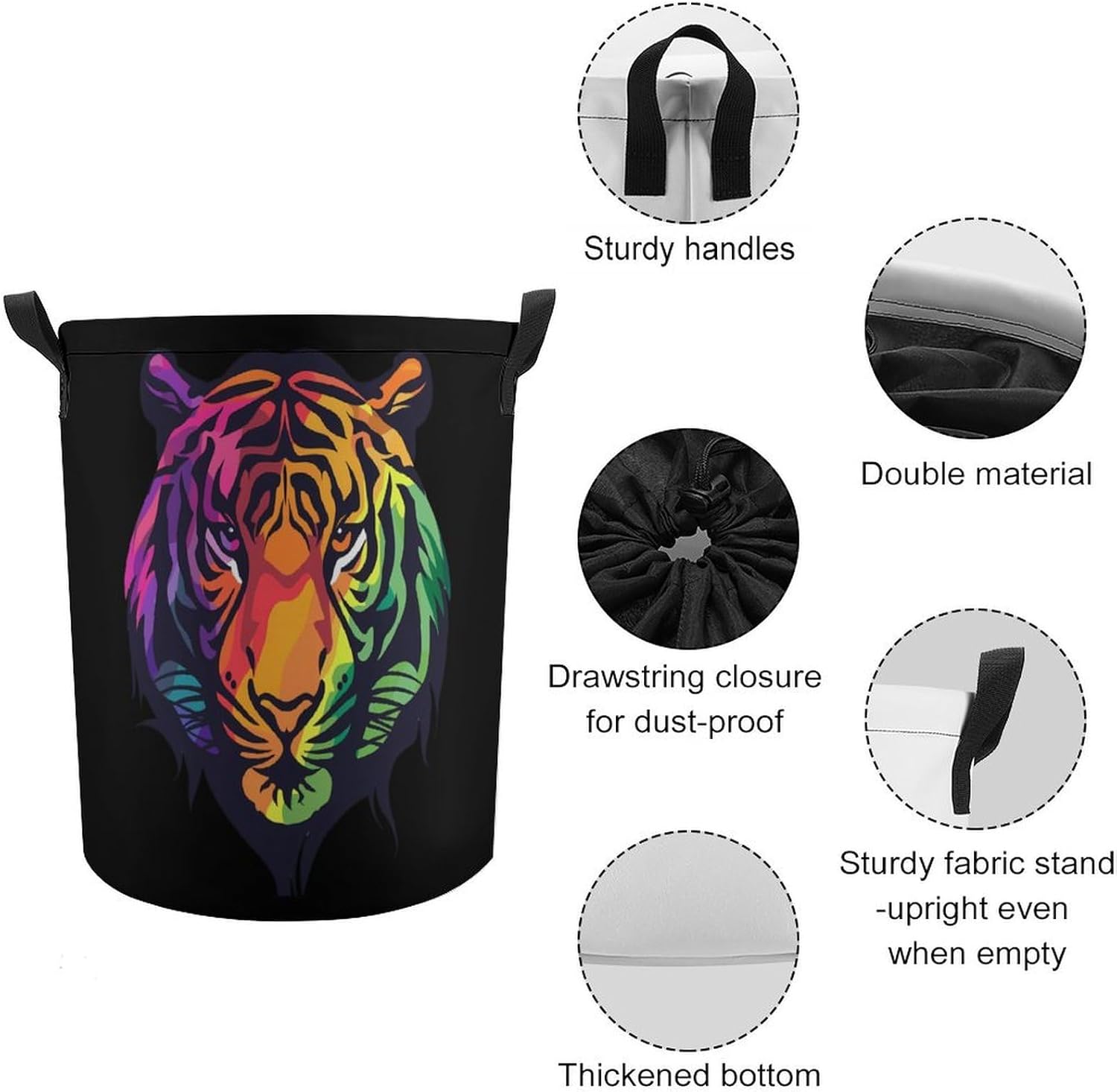 Rainbow Tiger Head Laundry Basket Dirty Clothes Hamper Storage Laundry Bag with Handles for Dorm Room 44x35cm