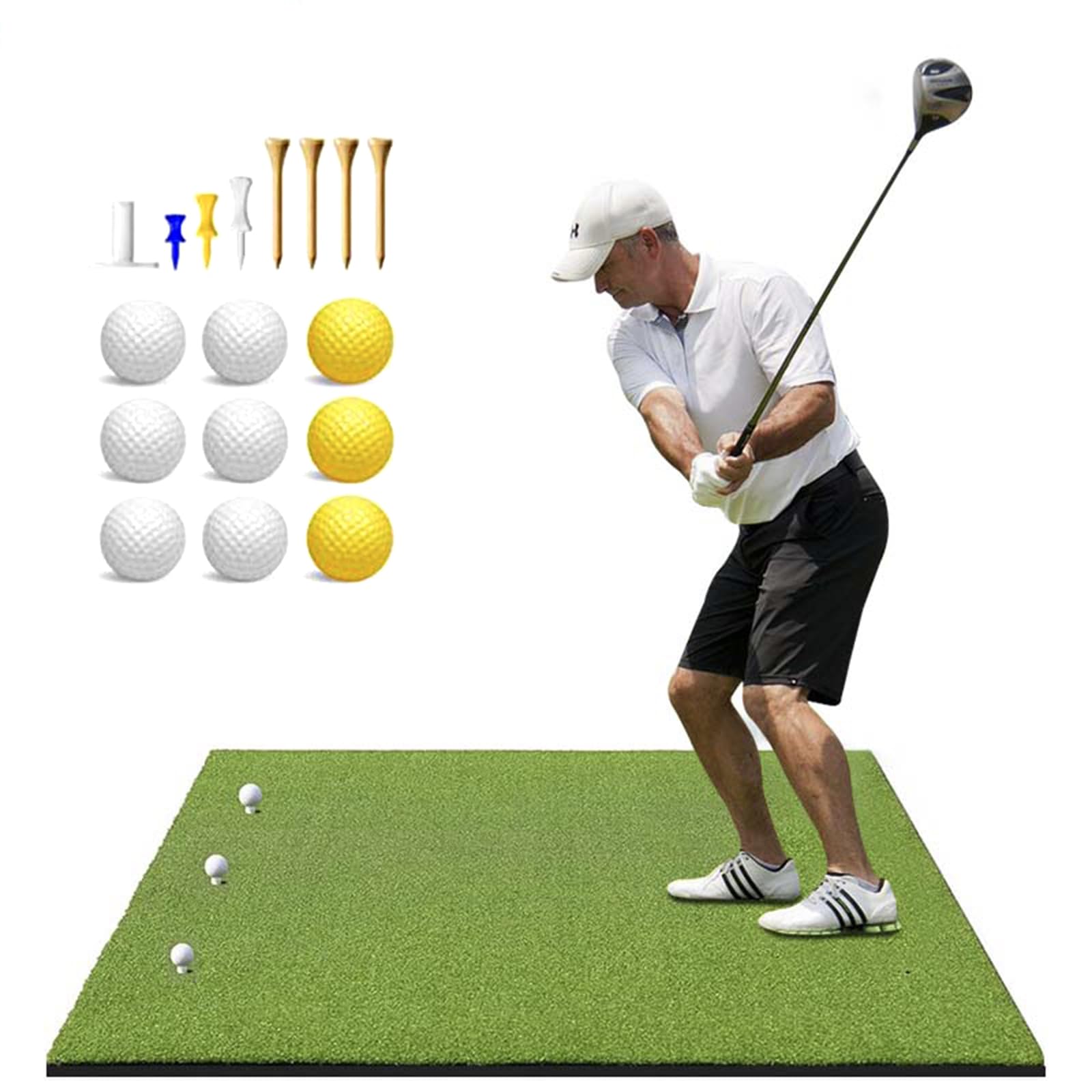 26mm Thick Premium Golf Hitting Mat, Large Backyard Driving Range Training Mat with 6 Tee Holes, Heavy Duty Home Golf Simulator Mat with 9 Balls & 8 Tees Included (117x150cm)