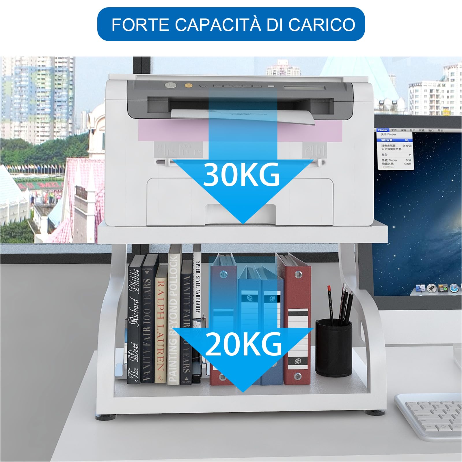 PUNCIA Supporto per Stampante da Tavoloa 2 Livelli 44x28x30CM Porta Stampante Tavolo da Lavoro Antiscivolo per Organizer da Tavolo,Vassoio a due Livelli per Forno a Microonde Bianco