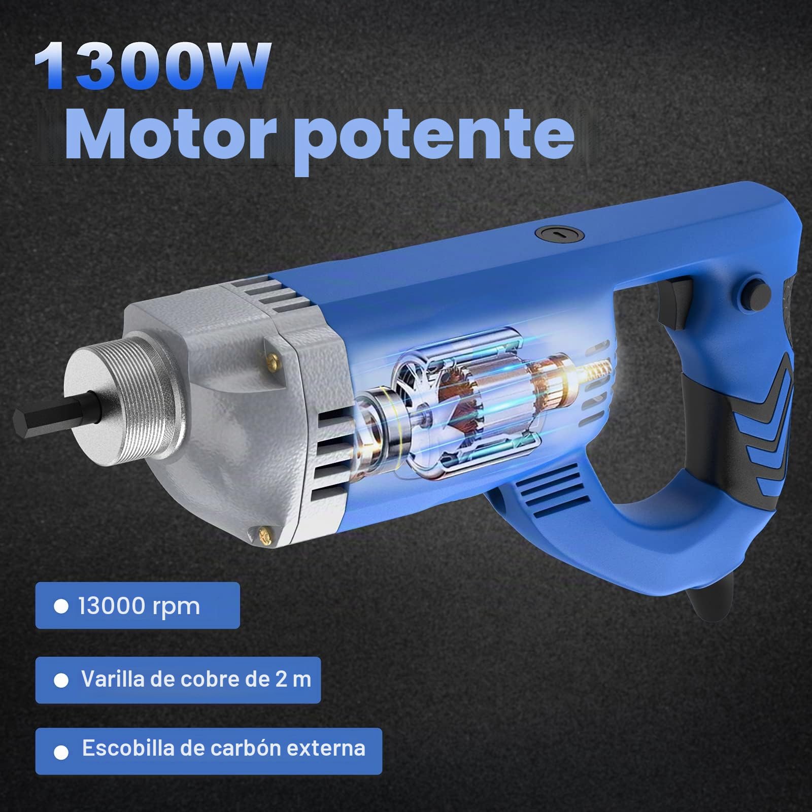 IMAYCC Vibrador de Hormigón Eléctrico, 1300 W 220 V 4300 Rpm, Escobilla de Carbón Externa, Manguera de 2 M de Longitud de Cobre, Herramientas de Hormigón