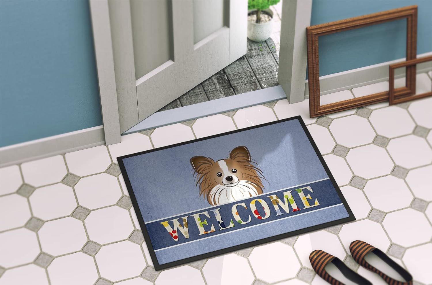 Caroline's Treasures BB1434MAT Papillon Welcome Doormat 18x27, Blue Front Door Mat Indoor Outdoor Rugs for Entryway, Non Slip Washable Low Pile, 18H X 27W