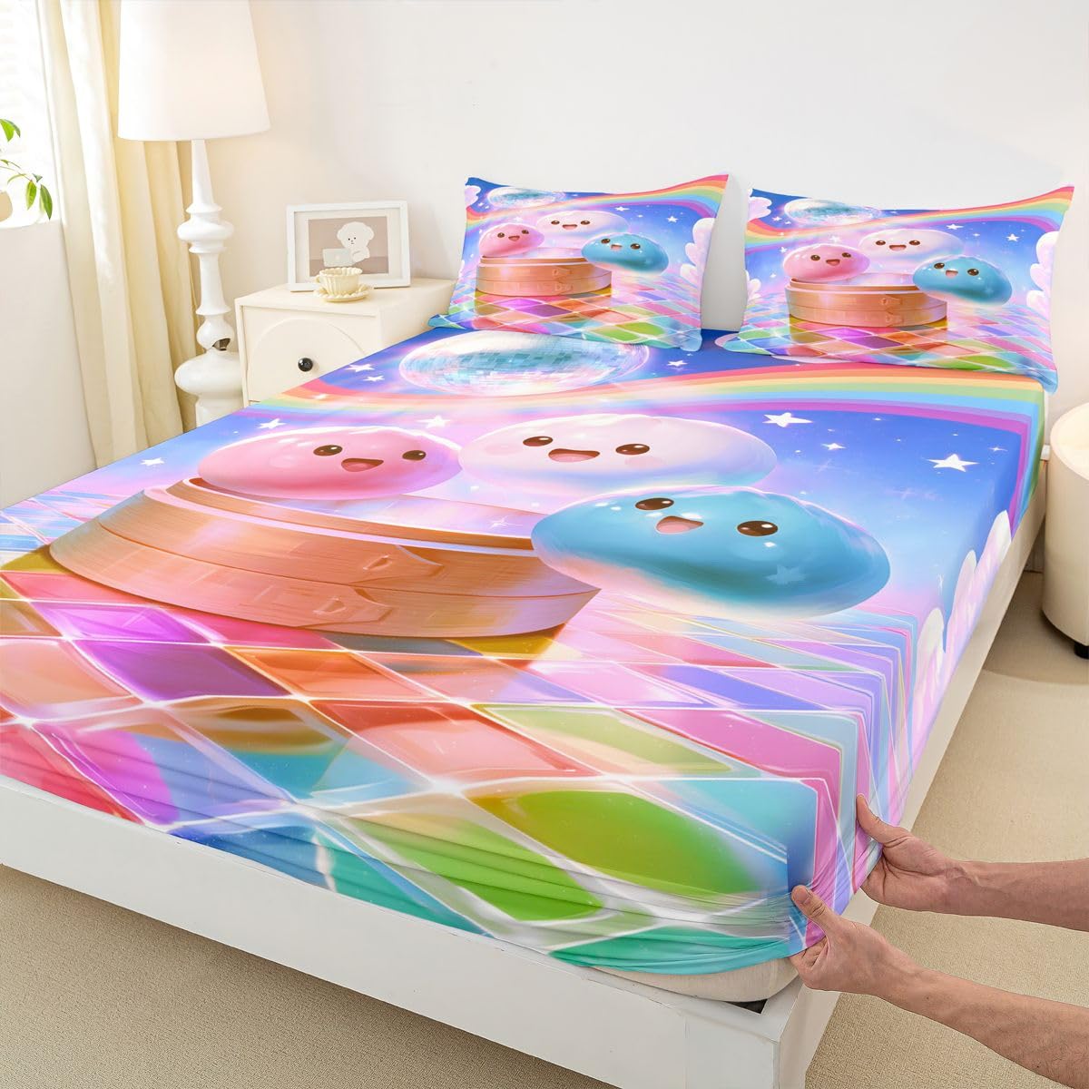Manfei Kawaii Cartoon-Lebensmittel-Spannbettlaken, volle Größe, niedliches Knödel-Bettwäsche-Set, 3-teilig, buntes 3D-Würfel-Bettlaken für Kinder, Jungen, Mädchen, Teenager, Raumdekoration