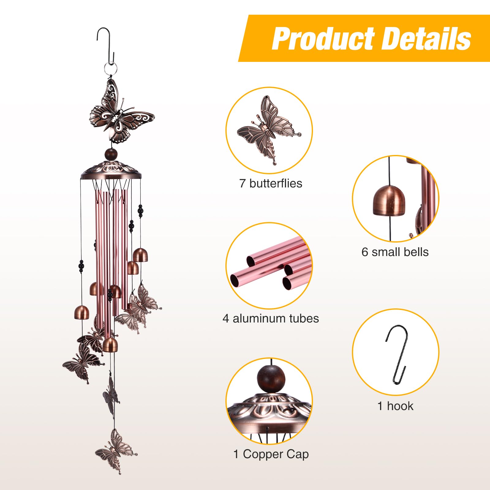Wind Chimes, Butterflies Wind Chime Indoor Outdoor Butterflies Aluminum Tube Wind Chime with Hook - Image 2