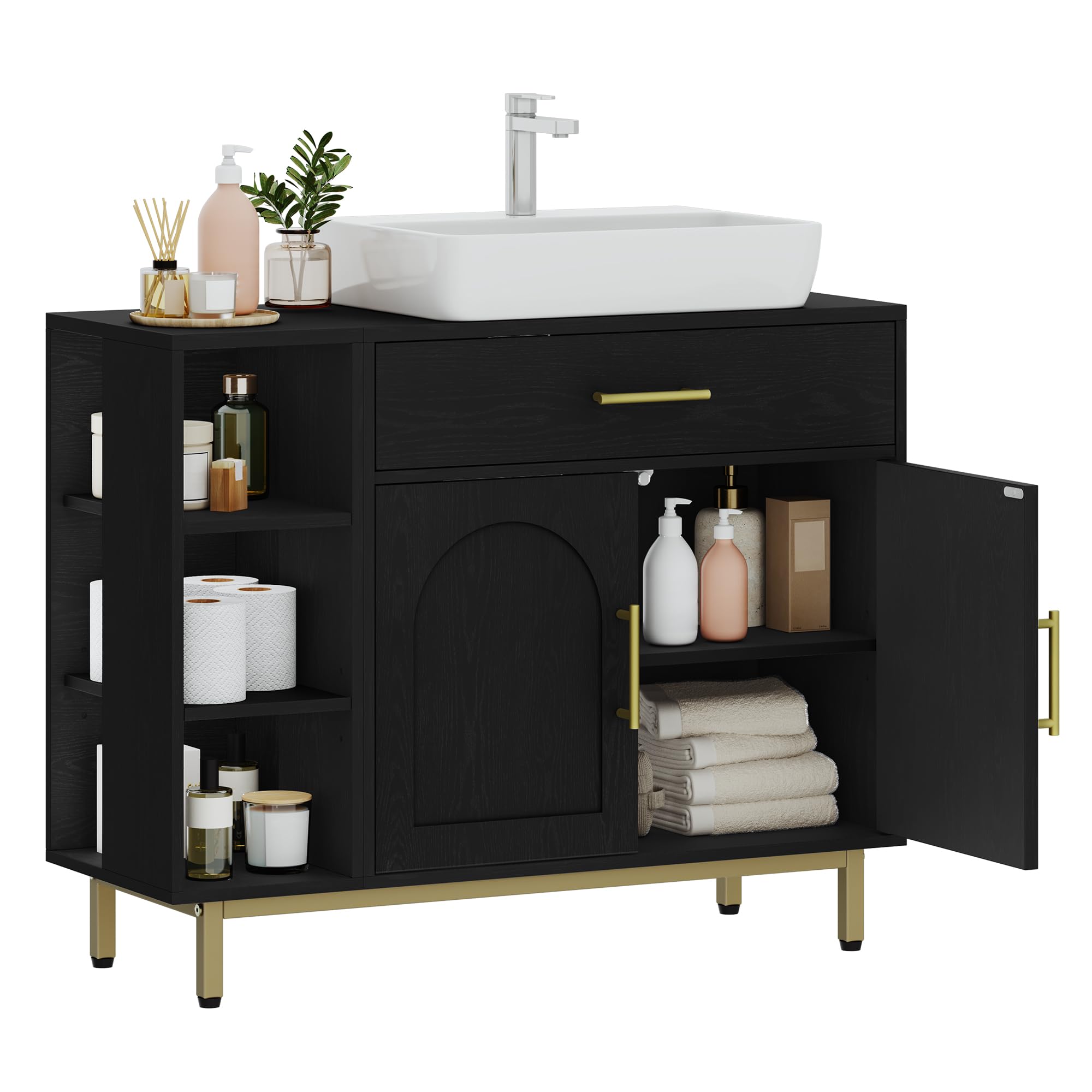 Hzuaneri Mobile Sottolavabo per Bagno, Mobiletto da Bagno, 1 Cassetto 2 Ante, Scomparto Aperto con 3 Livelli, Scomparto regolabile, 30 x 80 x 64 cm, Nero BC28804G