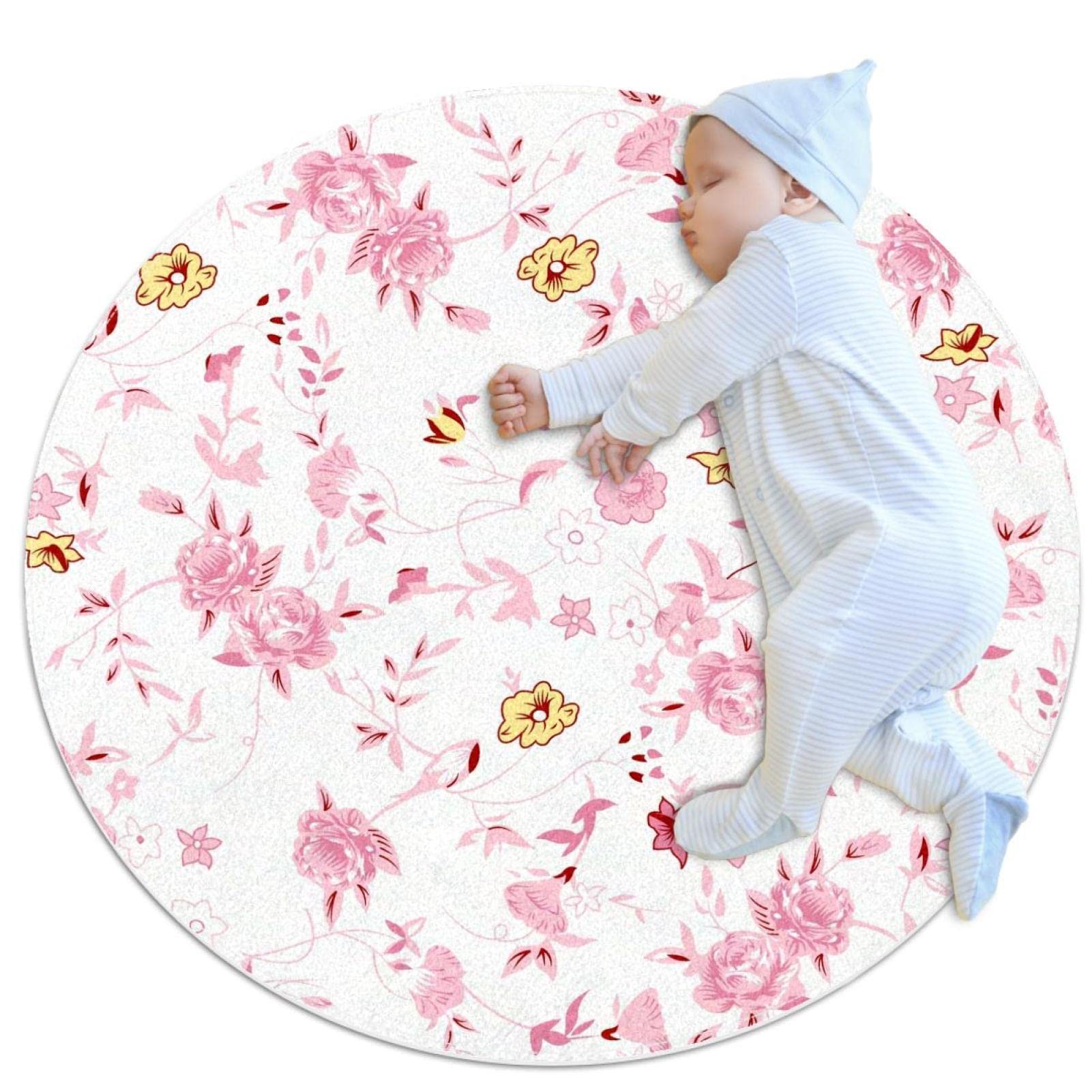 Tapis de salle de bain rose rond 1m antidérapant floral pour chambre d'enfant