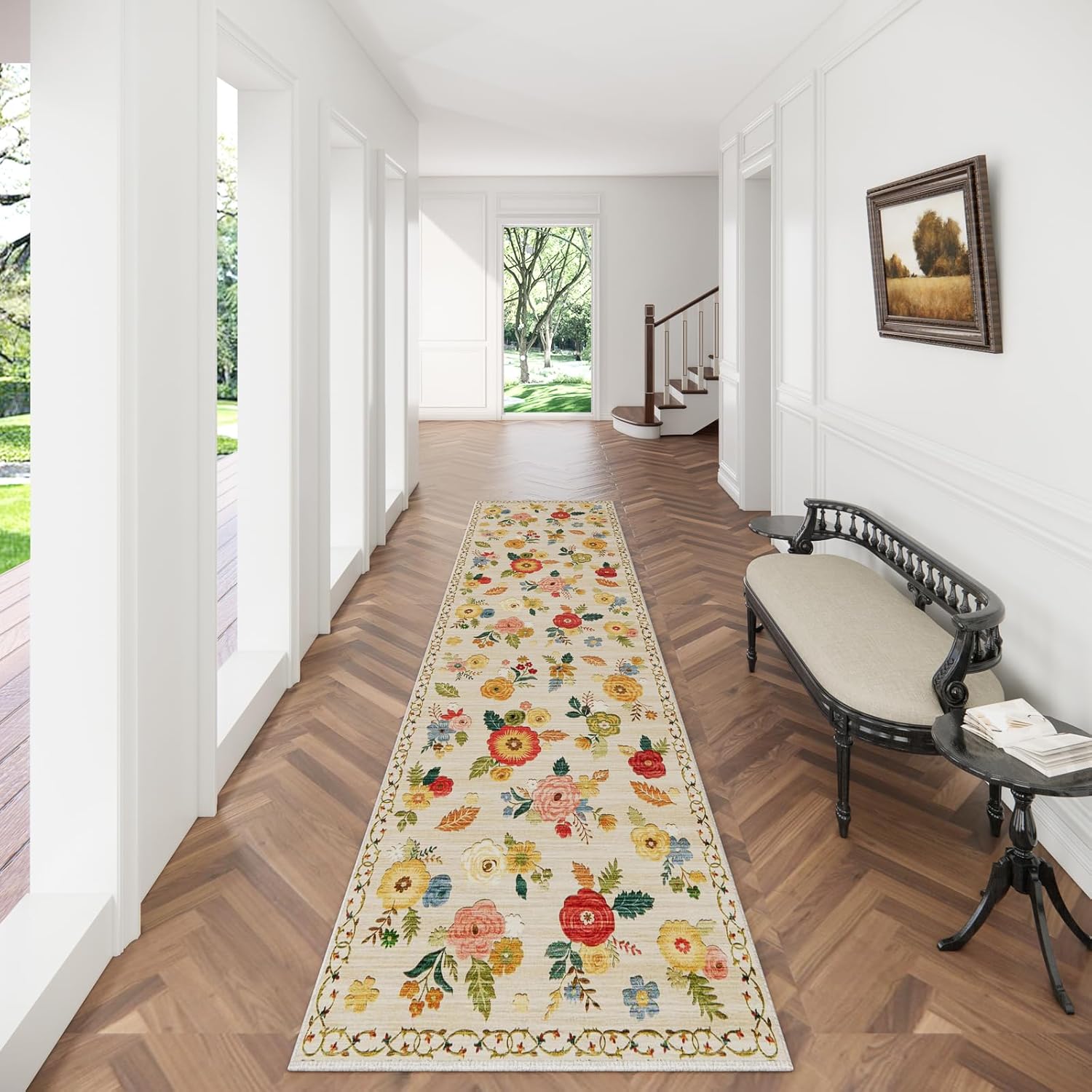 Machine Washable Rug Runners for Hallways: 2X 10 Kitchen Rugs Stain Resistant Non Slip Long Rug with Rubber Backing Soft Floral Carpet Runners for Entryway Kitchen Bedroom Laundry Farmhouse 2' x 10' (Rectangular) Beige Floral