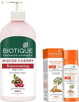 Winter Cherry Rejuvenating Body Lotion & Biotique Sandalwood Sunscreen Ultra Soothing Face Lotion Combo